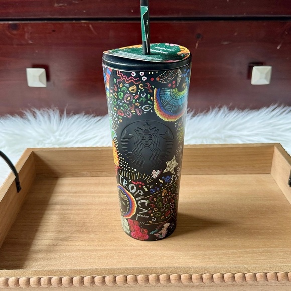 Starbucks x Farm Rio Black Rainbow Embroidery Beadwork Tumbler with Straw 24oz - Picture 2 of 7